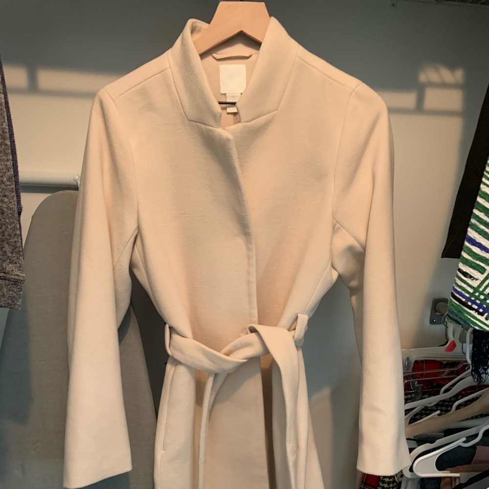 H&M Ivory Tie Waist Pea Coat